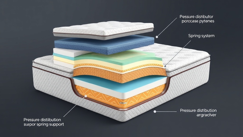 다양한 폼과 스프링 층으로 구성된 매트리스 단면이 체압을 분산시키는 원리를 보여주는 그래픽 이미지