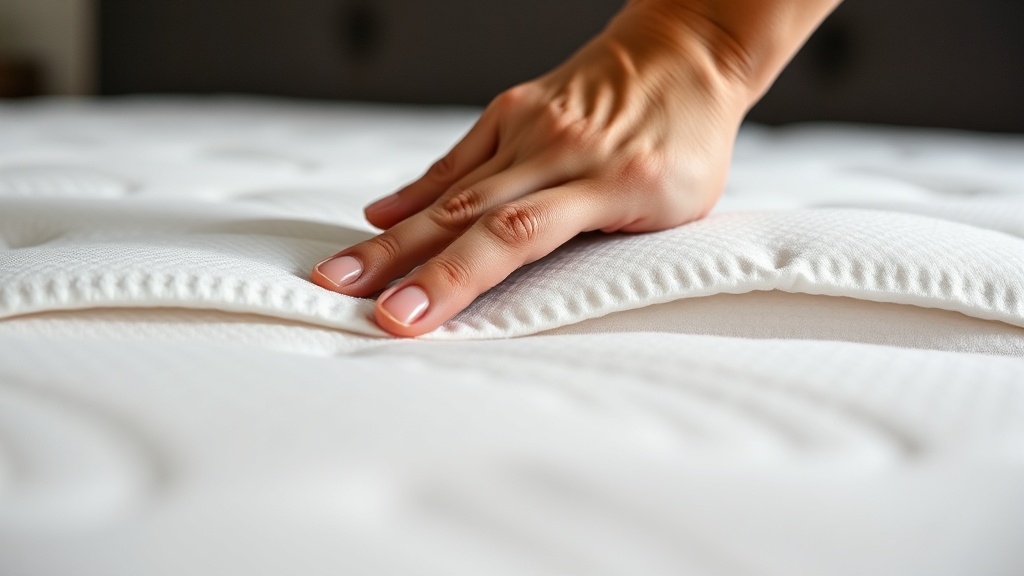 매트리스의 탄성과 지지력을 손으로 눌러보며 확인하는 모습
